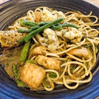 Green curry spaghetti, nice at Vegan Delights Cafe in Ipoh