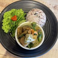 Green curry with rice!  at Vegan Delights Cafe in Ipoh