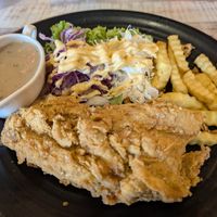 Chicken "Schnitzel" with fried and mushroom souce at Vegan Delights Cafe in Ipoh