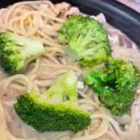 cream mushroom pasta  at Vegan Delights Cafe in Ipoh