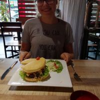 Mushroom burger at Vegan Delights Cafe in Ipoh