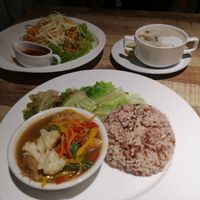2 soups, rice and salad: RM 27.7 at Vegan Delights Cafe in Ipoh