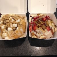 PB cup sundae on the left, Banana split on the right at Cinnaholic in Lancaster