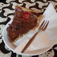 Vegan chocolate cake with blueberry and strawberry at Bolhoed in Amsterdam