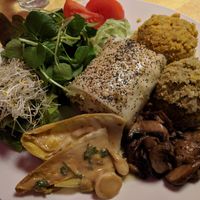 Vegan Plate of the Day - including tofu-sesame strudel etc at Bolhoed in Amsterdam