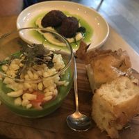 Two of the small plates. Top is artichoke fritti and bottom a pea mousse with focaccia    at No. Twelve in Nottingham