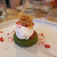 One of the deserts - a savoury basil sponge filled with strawberry, topped with a vanilla and sherbet cream and a piece of fried pastry at No. Twelve in Nottingham