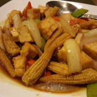 Pad Kow Pod On - stir-fry baby corns, onions, snow peas, mushroom, and carrots, served in light gravy soy sauce at Thai Basil in Cameron Park