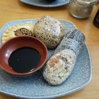 Tofu sushi roll, filled pastry, rice ball at Deshima in Amsterdam