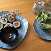 Tofu sushi + single dish (broccoli and cauliflower with almond sauce)  at Deshima in Amsterdam