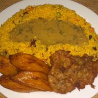 Cuscuz mama africa.(( Banana da terra ,cuscuz, molho de amendoim e carne de jaca) at Mama Africa in Sao Paulo