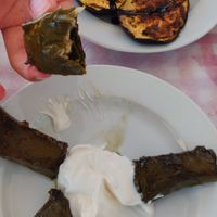 Dolmas and Greek yoghurt 
Mixed grilled vegetables (aubergine, courgette, Bell peppers and mushrooms) at O Giros Ton Paxon in Paxos