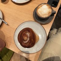Cinnamon roll & soy latte   at Godt Brød Fløyen in Bergen