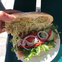 Vegan bun with fresh veggies (and sprouts!!) at Godt Brød Fløyen in Bergen