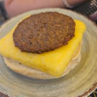 Beyond meat just egg Chao bagel ( top removed) at Sunshine Drip Coffee Lounge in Coupeville
