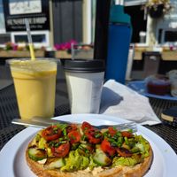 Whidbey Cuke toast (hold the cream cheese) and Tropical Sunshine smoothie at Sunshine Drip Coffee Lounge in Coupeville