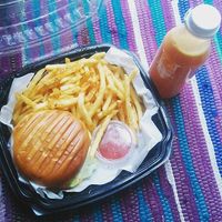 Mexican Spice burger meal and an Apple Crush fruit juice from Vdelicious, Hackney. at The V Deli - Vdelicious in East London