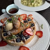 vegan chicken n waffles for brunch and some pesto gnocchi in the back  at CyBelle's Front Room in San Francisco