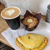 Pasty, apple custard muffin and decaf latte with soya milk. at Square Roots in Whitley Bay
