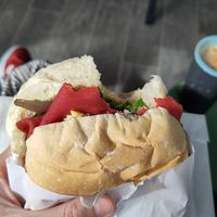 Pastrami and cheese bap with chilli jam and rocket at Square Roots in Whitley Bay