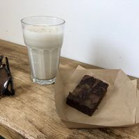 Oat milk smoothie and chocolate brownie  at Square Roots in Whitley Bay