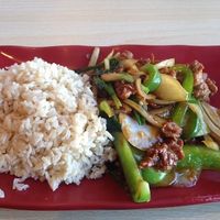Mongolian chikn with brown rice at Veggie House in Salt Lake City
