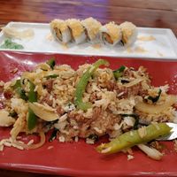 Sweet potato roll & Stir-fry with eggplant at Veggie House in Salt Lake City