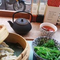 combo lunch. seaweed salad, tea, and vegan dumplings at Dim Sum Now in Amsterdam