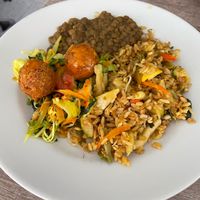 Another daily lunch choice with albondigas (non-meat meatballs)
 at Loto Azul Vegetariano in Bogota