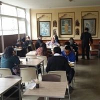 inside restuarant. mostly locals and a few of us gringos  at Loto Azul Vegetariano in Bogota