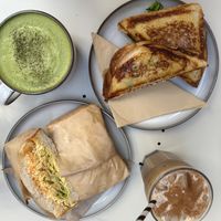 Matcha, Iced Chai, Toastie (Jaffle) with roasted veg Chicken + Spinach + Feta, Sandwich with Curry Tofu + Spicy Mayo   at Union Kiosk in Melbourne
