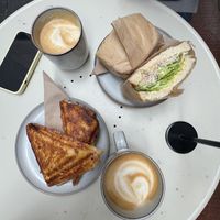 the chicken mayo sandwich and the harissa chicken toastie with 2 lattes   at Union Kiosk in Melbourne
