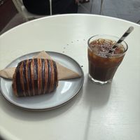 Chocolate croissant and cold brew coffee    at Union Kiosk in Melbourne