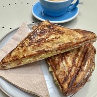Pepperoni Mac jaffle and a flat whitee  at Union Kiosk in Melbourne