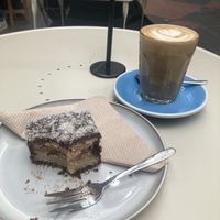 Lamington and soy latte  at Union Kiosk in Melbourne