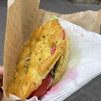 Foccacia with beetroot hummus  at Britta Take Away in Riomaggiore
