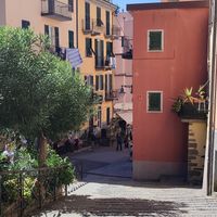 We perched up the street to eat our tasty lunch. Britta is just down there! at Britta Take Away in Riomaggiore