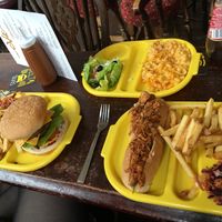 Bacon double cheese burger, pulled jackfruit dog and Mac and cheese at The Caledonia in Liverpool