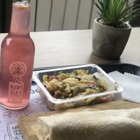 Chickpea wrap, potato salad with mustard sauce, kambucha with blueberry at Just Food Market in Ankara