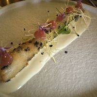 Fried asparagus, rhubarb compote, lemongrass cream  at De Waaghals in Amsterdam