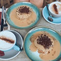 Vegan pancakes and cappuccinos  at Terrarea in Matosinhos