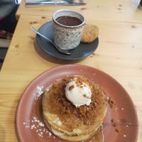 Vegan pancake with banana, peanut butter and icecream with hot chocolate served with salt flower at Terrarea in Matosinhos