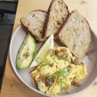 Scrambled egg with vegan sausage dish at Terrarea in Matosinhos