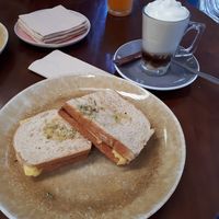 Tosta vegan de queijo e tomates + leite de soja e café at Terrarea in Matosinhos