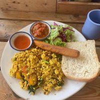 Tofu scramble with vegan sausage   at The Factory Cafe in Koh Tao