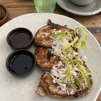 Choc chip Vegan pancakes with chocolate sauce and mulberry jam sauce    at The Factory Cafe in Koh Tao