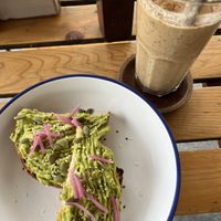 avocado sourdough bread with espresso protein shake   at The Factory Cafe in Koh Tao