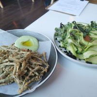 Samphire pakora/wild garlic/courgette, truffle & cornish leaves at The Omni Collective in South East London
