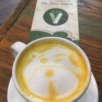 Amazingly intricate animal-friendly artistry in the making of this golden milk! at Plan V Cafe in Mexico City