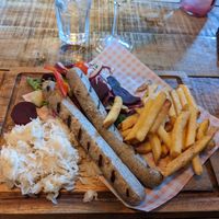 Vegan sausage fest with sauerkraut & fries at Einstein's in Chesterfield